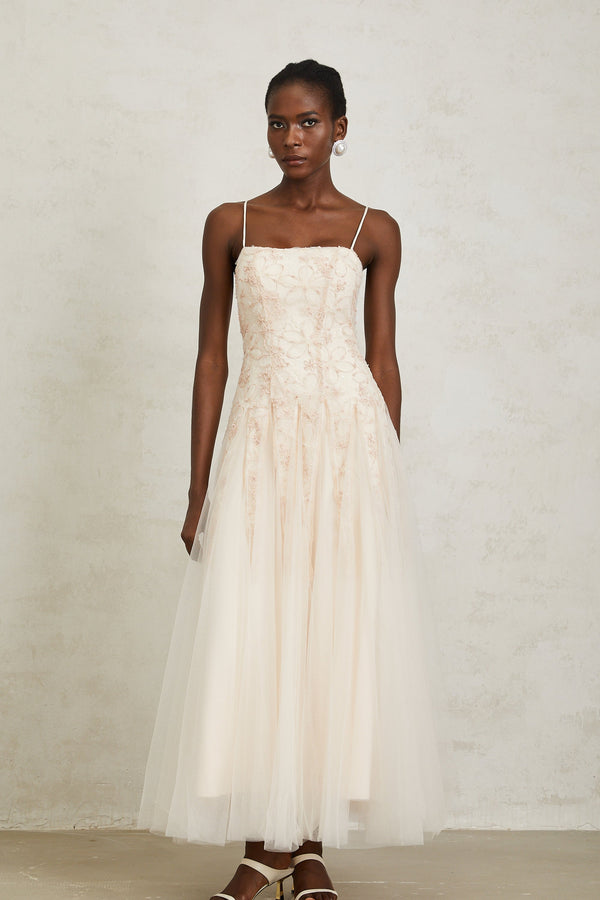 Madeline Pink Floral Embroidered Tulle Maxi Dress