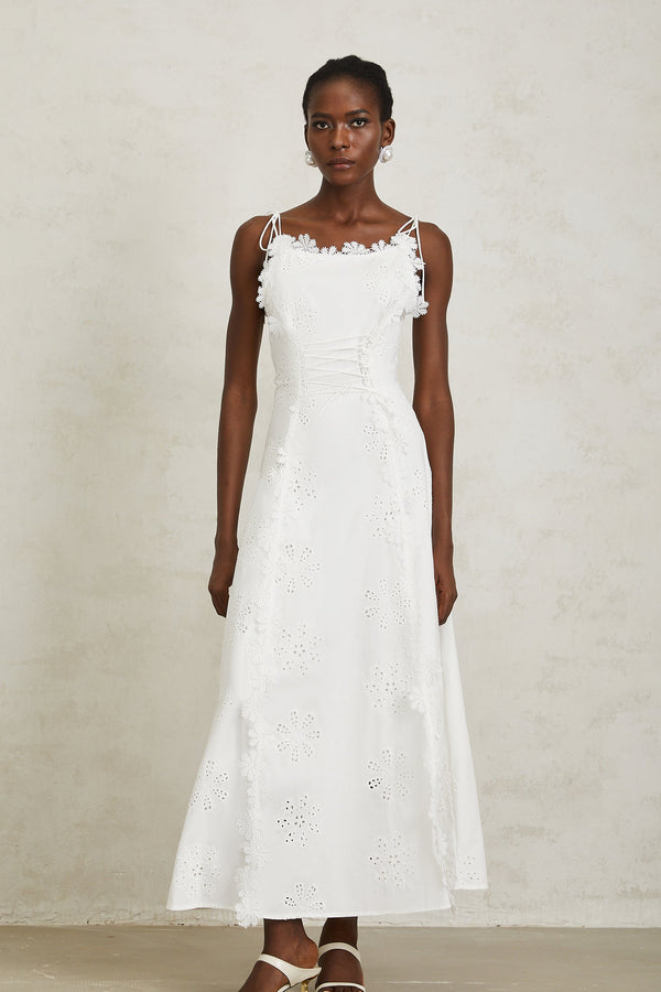 Nevaeh White Sleeveless Floral Embroidered Maxi Dress