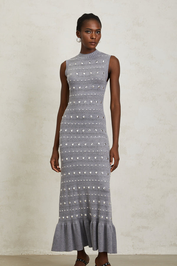 Chloé Grey Studded Crochet Knit Maxi Dress