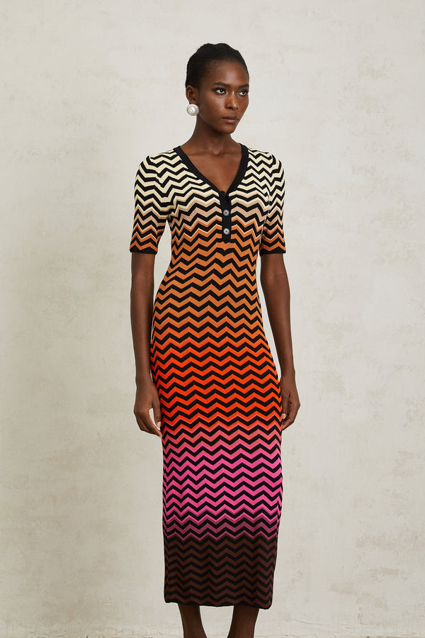 Charitina Brown Gradient Zigzag Knit Midi Dress