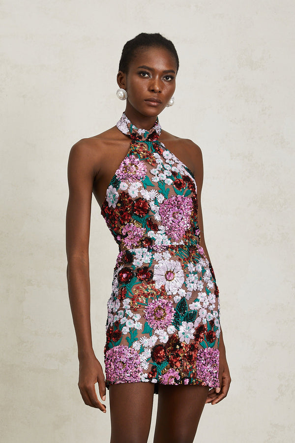 Clara Purple Sequined Floral Embroidered Mini Dress