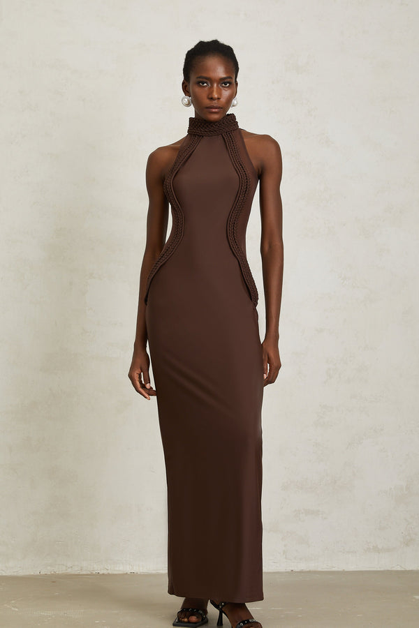 Gabriela Brown Halterneck Braid Detail Maxi Dress
