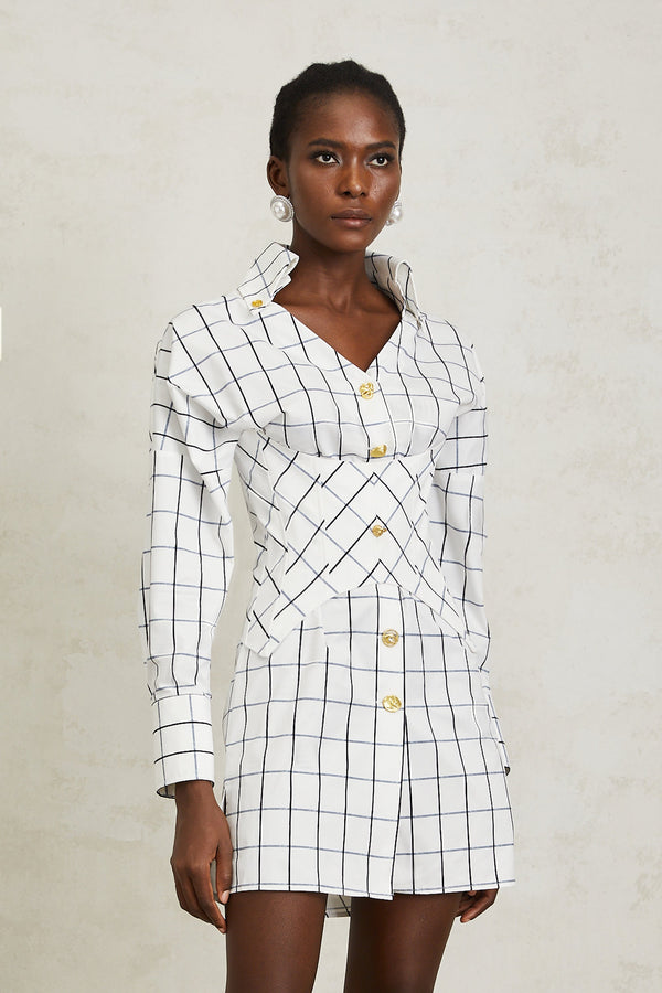 Quintina White Check Pettern Mini Shirt Dress