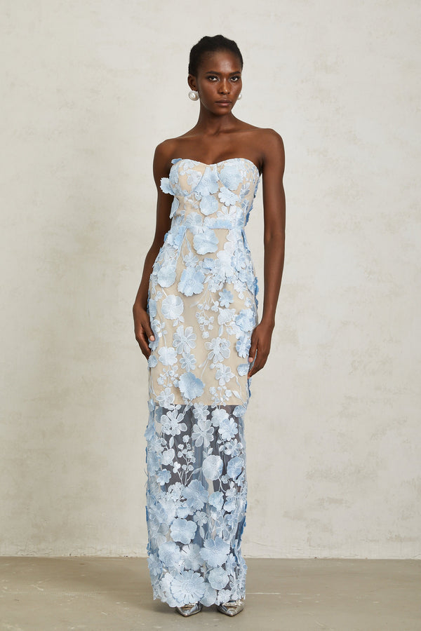 Brigitte Blue Floral Appliqué Corset Maxi Dress