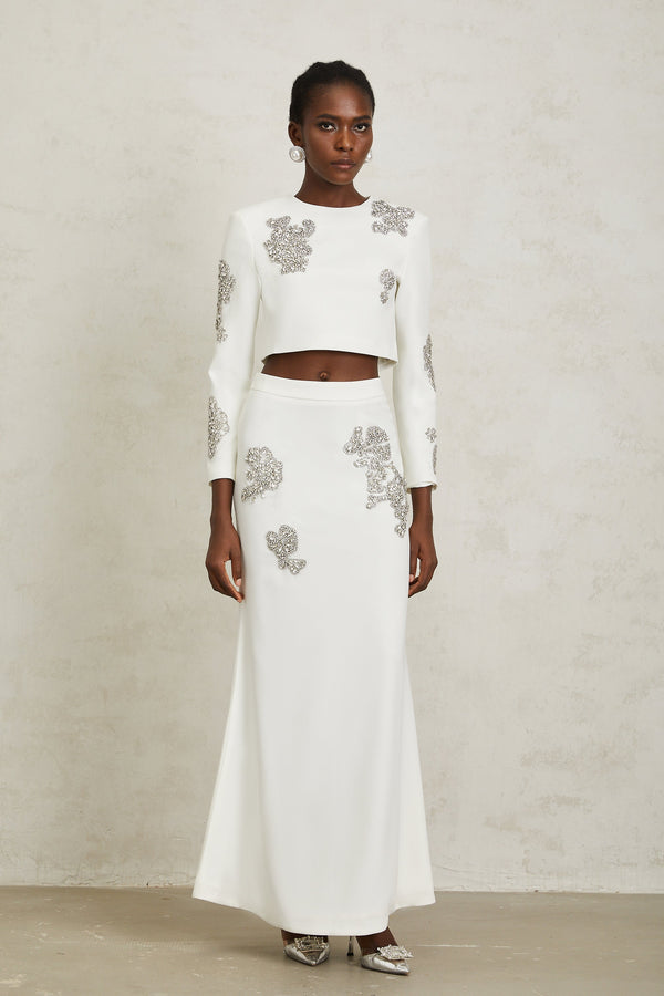 Luna White Crystal Embellished Top & Skirt Set