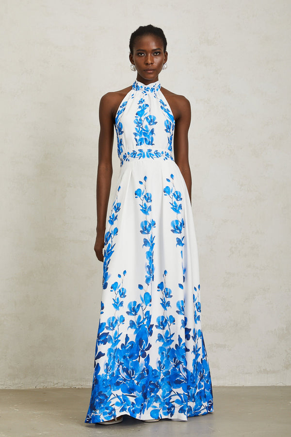 Lorena Blue Halterneck Floral Print Maxi Dress