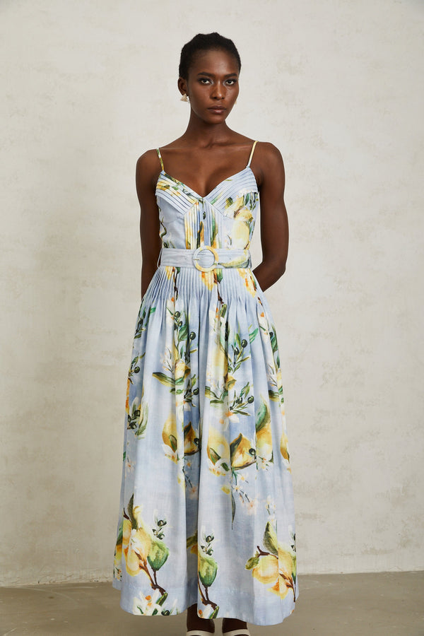 Esmée Blue Cottagecore Pleated Floral Maxi Dress