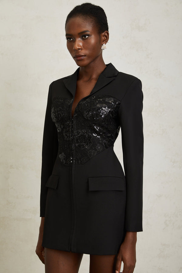Jacinta Black Lace Panel Mini Blazer Dress