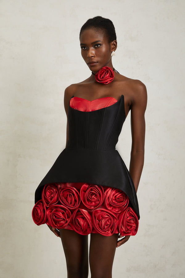 Joaquina Black Rose Appliqué Corset Mini Dress