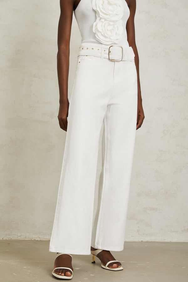 Irina White Wide Leg Belted Denim Jeans