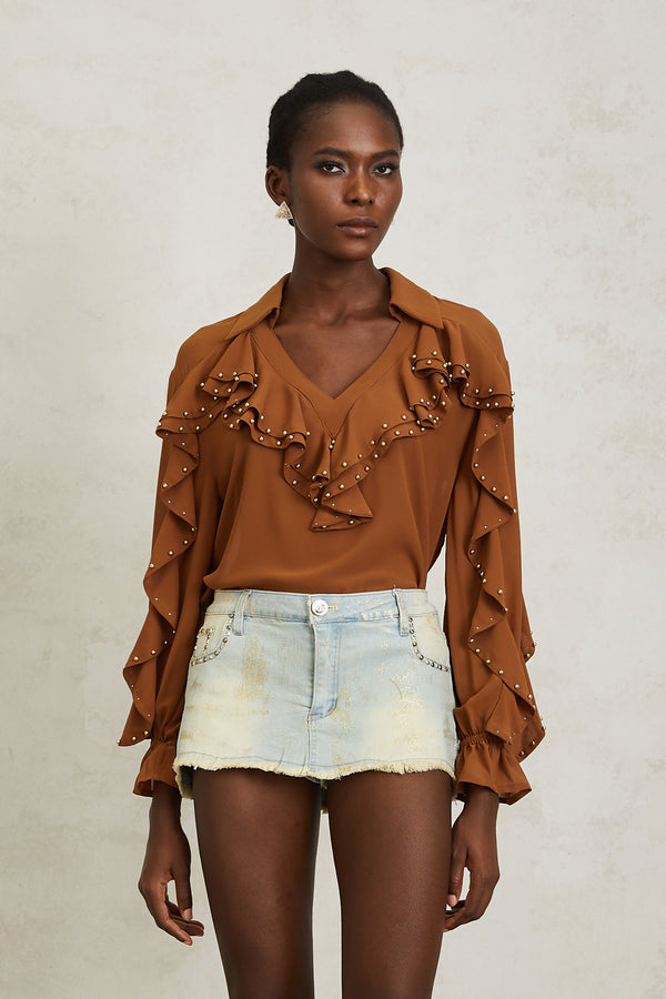 Isaline Caramel Beaded Ruffled Chiffon Blouse