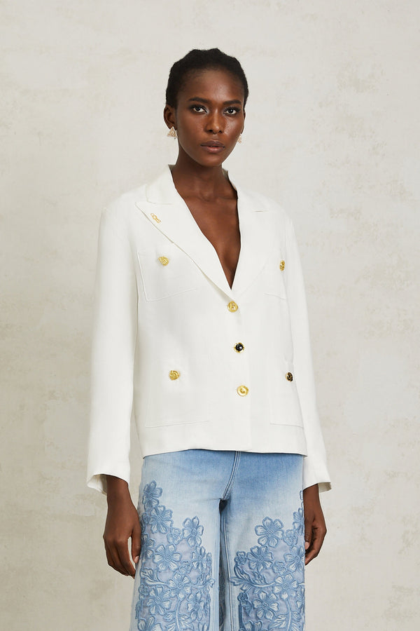 Éliane White Decorative Button Linen Blazer