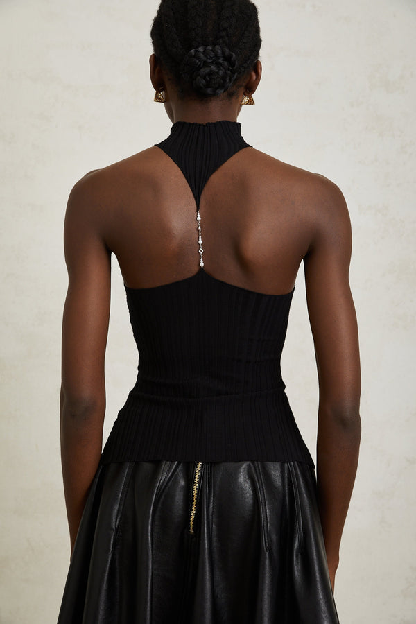 Gabrielle Black Halterneck Ribbed Knit Top