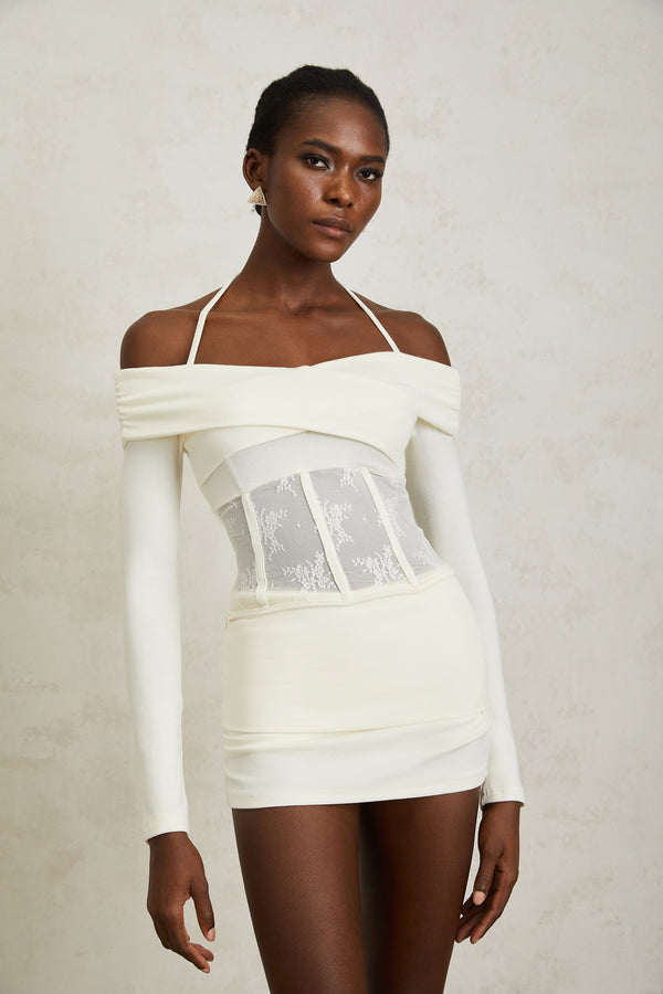 Coralie White Lace Panel Knit Blouse & Skirt Set