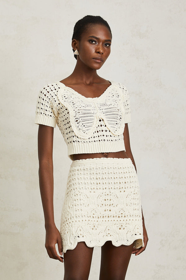 Bérénice Cream White Bowknot Knit Top