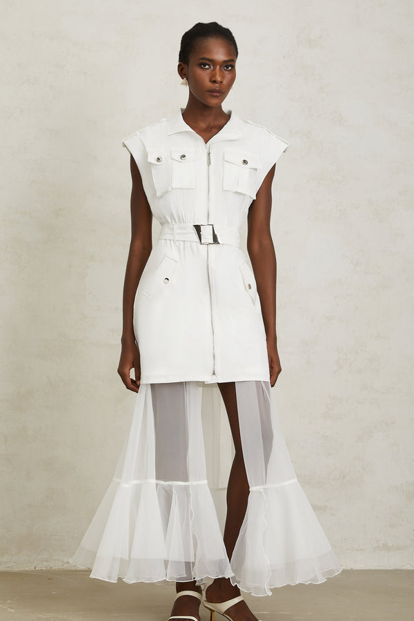 Juliette White Belted Tulle Panel Midi Dress