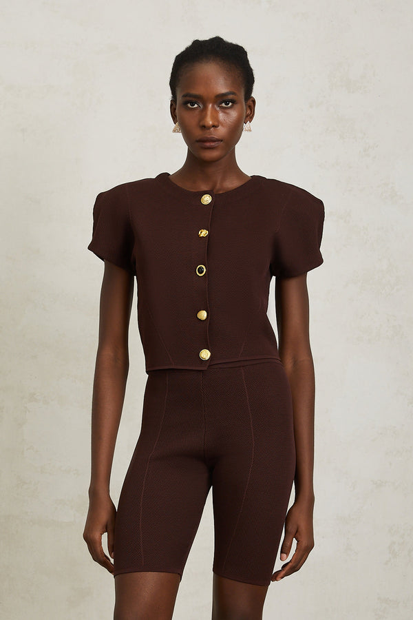 Hélène Brown Textured Knit Top & Shorts Set