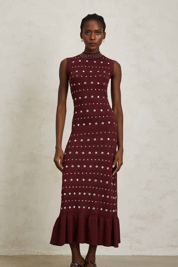 Chloé Red Studded Crochet Knit Maxi Dress
