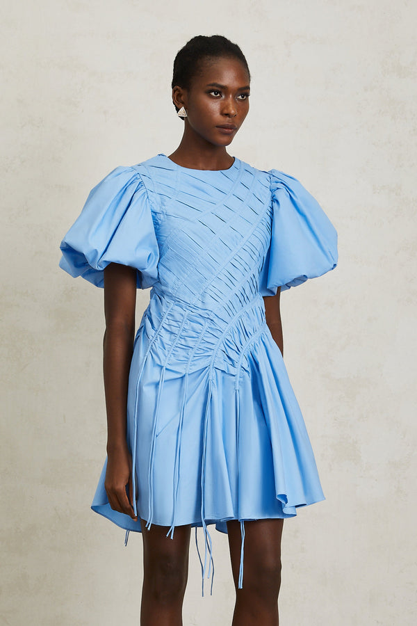 Amaryllis Blue Ruched Drawstring Hem Mini Dress