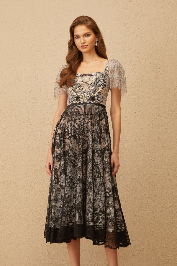 Océane Black Floral Embroidered Lace Midi Dress