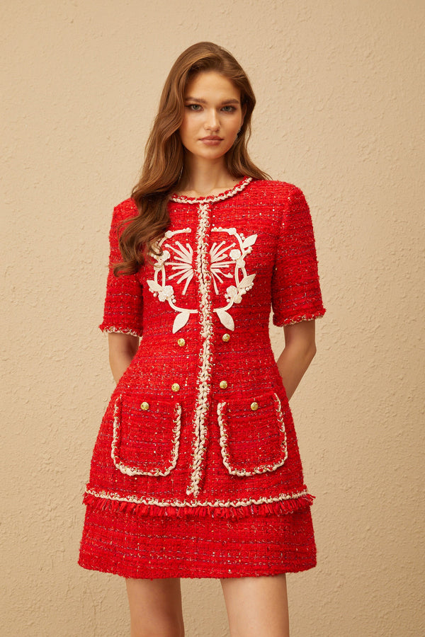 Aurore Red Floral Appliqué Tweed Mini Dress
