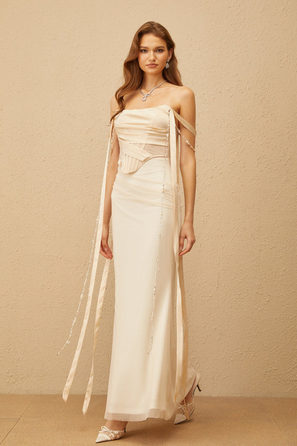 Lorraine Neutral Ruched Mesh Corset Maxi Dress