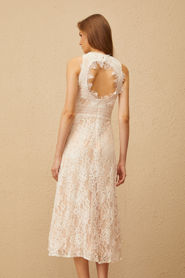 Cerise White Open Back Floral Lace Midi Dress