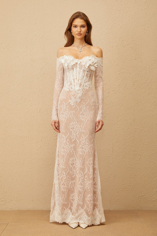 Carmen White Embellished Floral Lace Maxi Dress