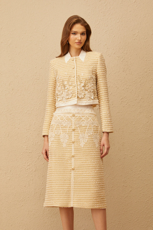 Catalina Neutral Floral Jacquard Tweed Jacket & Skirt Set
