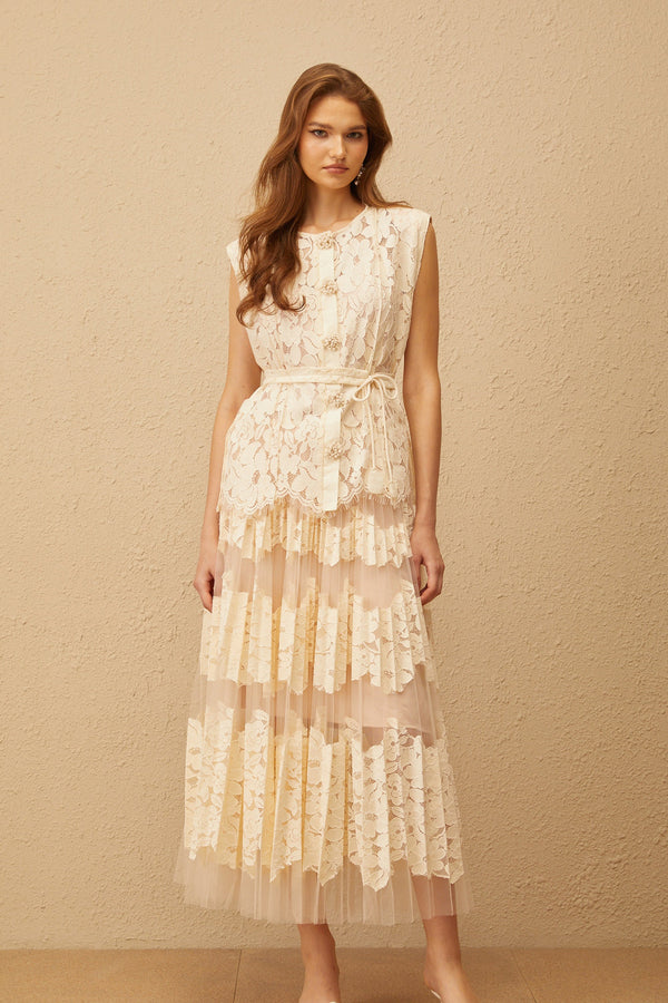 Odette Neutral Floral Lace Top & Skirt Set