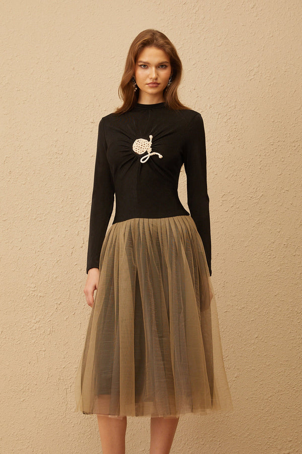 Cézanne Black Crochet Detail Tulle Panel Midi Dress