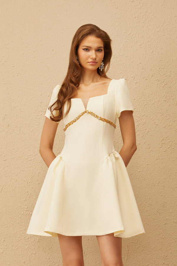 Anaïs Neutral Embellished Puff Mini Dress