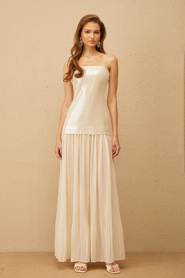 Isoline Neutral Sequin Corset Maxi Dress