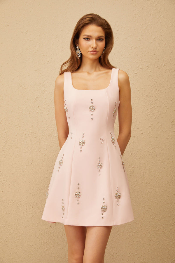 Corentine Pink Open Back Embellished Mini Dress