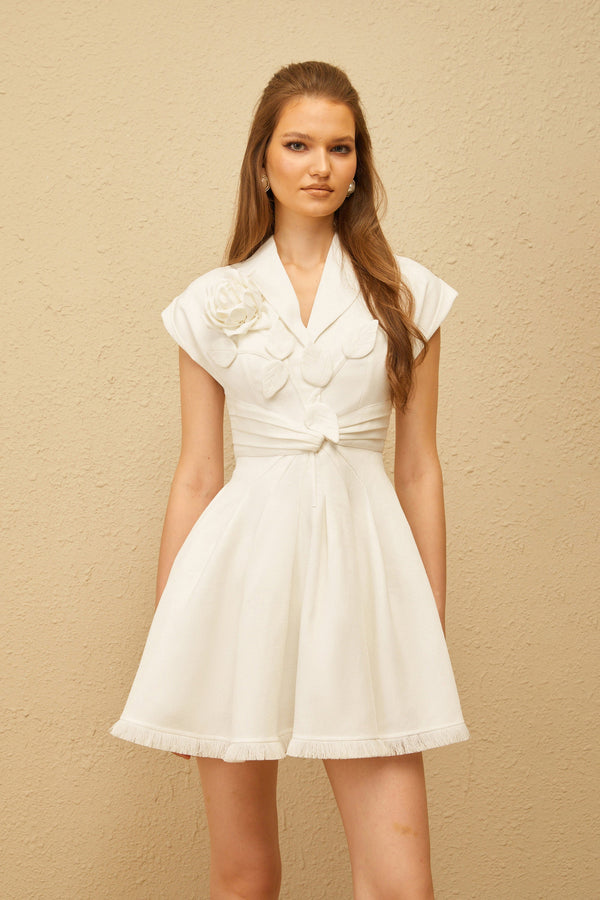Bernadett White 3D Petal Pleated Mini Dress