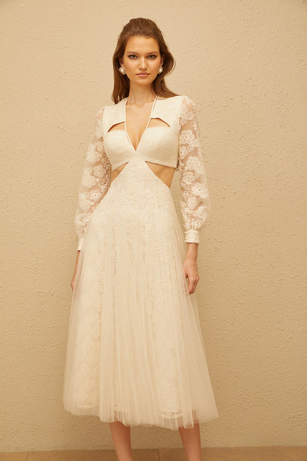 Esmé White Floral Lace Tulle Midi Dress