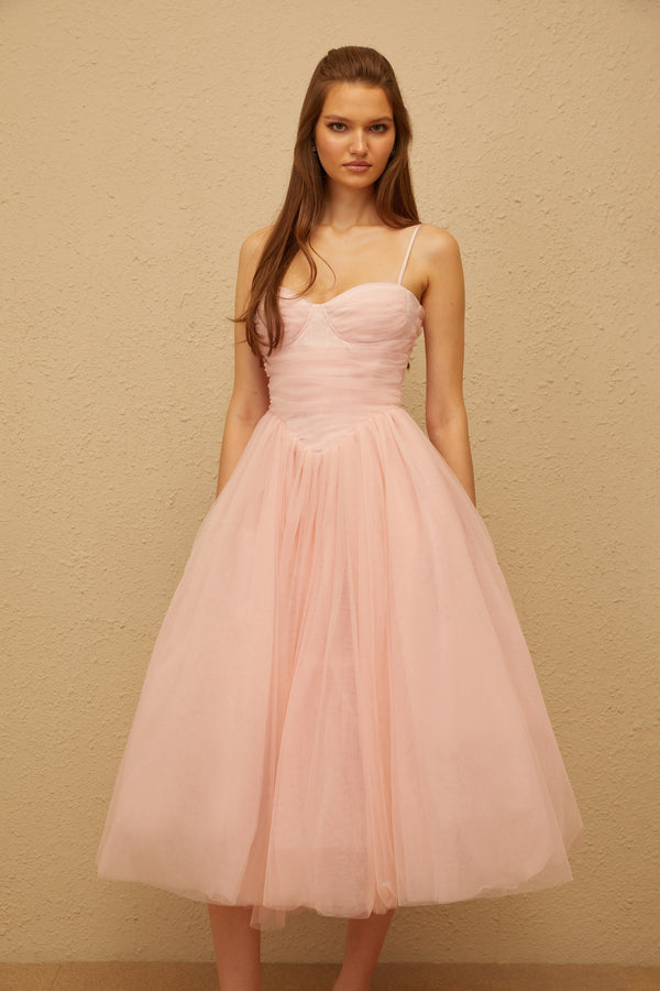Apolline Pink Pleated Corset Tulle Midi Dress