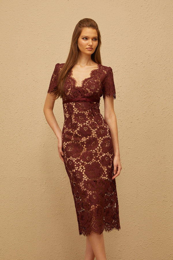 Iris Burgundy Floral Lace Pencil Midi Dress