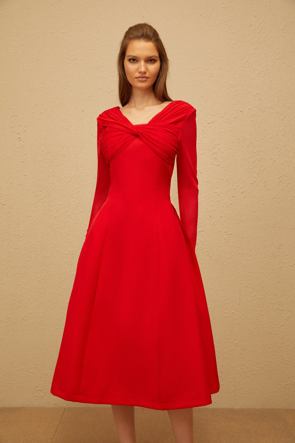 Colette Red Twisted Mesh Panel Midi Dress