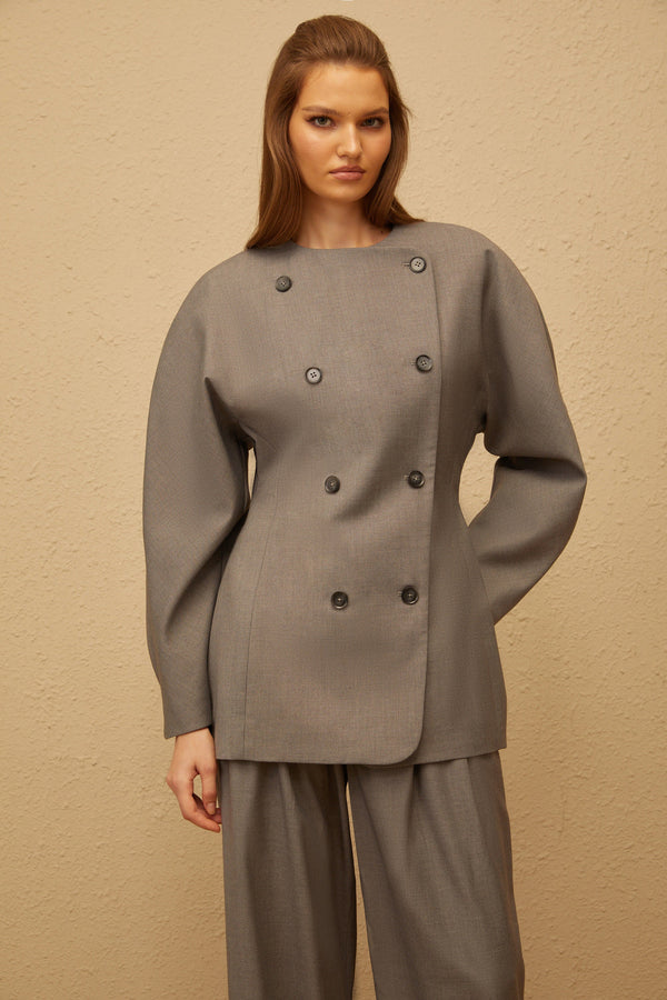 Clémence Grey Double-Breasted Coat & Trousers Set