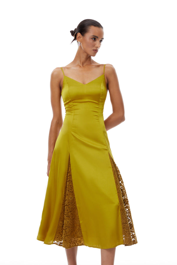 Louise Green Flocked Lace Satin Midi Dress