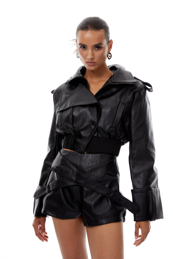 Manon Black Leather Jacket & Shorts Set