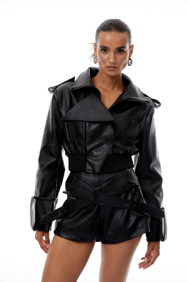 Manon Black Leather Jacket & Shorts Set