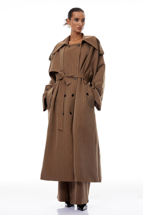 Clémence Brown Striped Trench Coat & Trousers Set