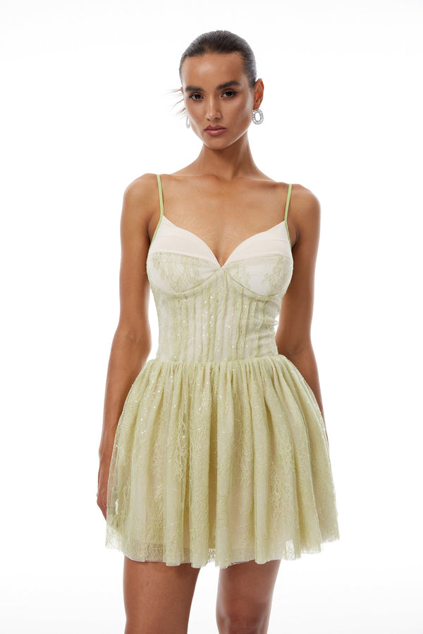 Lilou Green Sequined Floral Lace Mini Dress