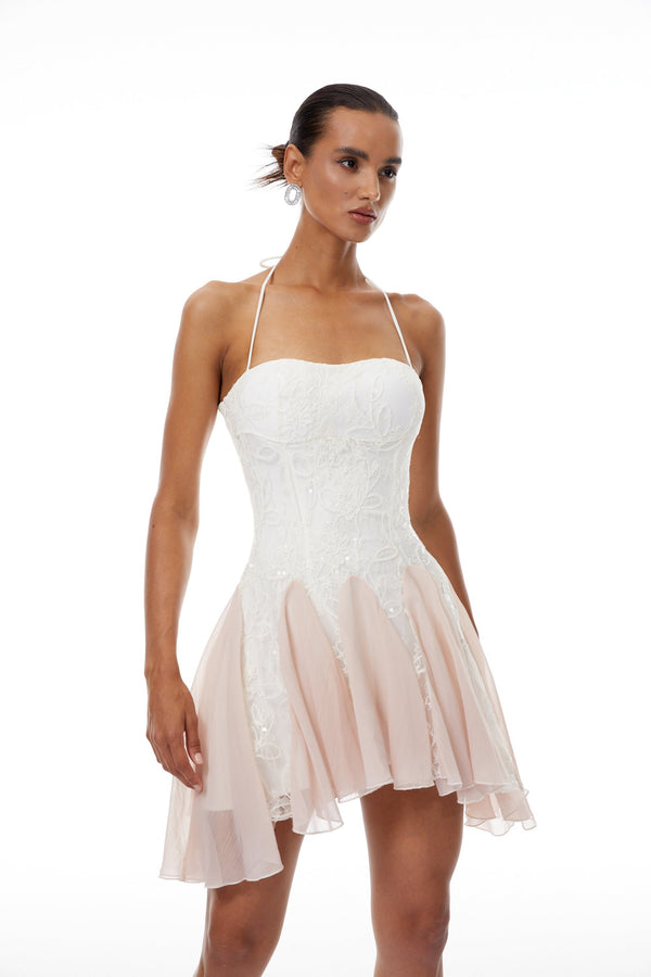 Réka White Sequined Floral Lace Mini Dress