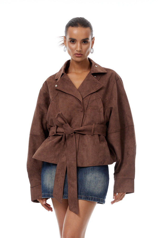 Aveline Brown Belted Suede Biker Jacket