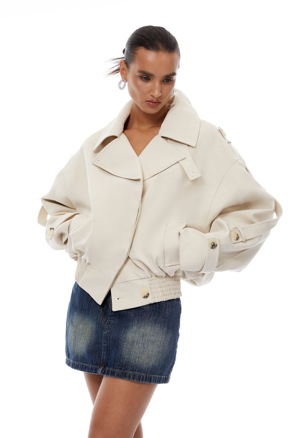 Panna Neutral Smocked Hem Biker Jacket