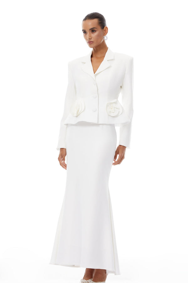 Odette White 3D Petal Blazer & Skirt Set