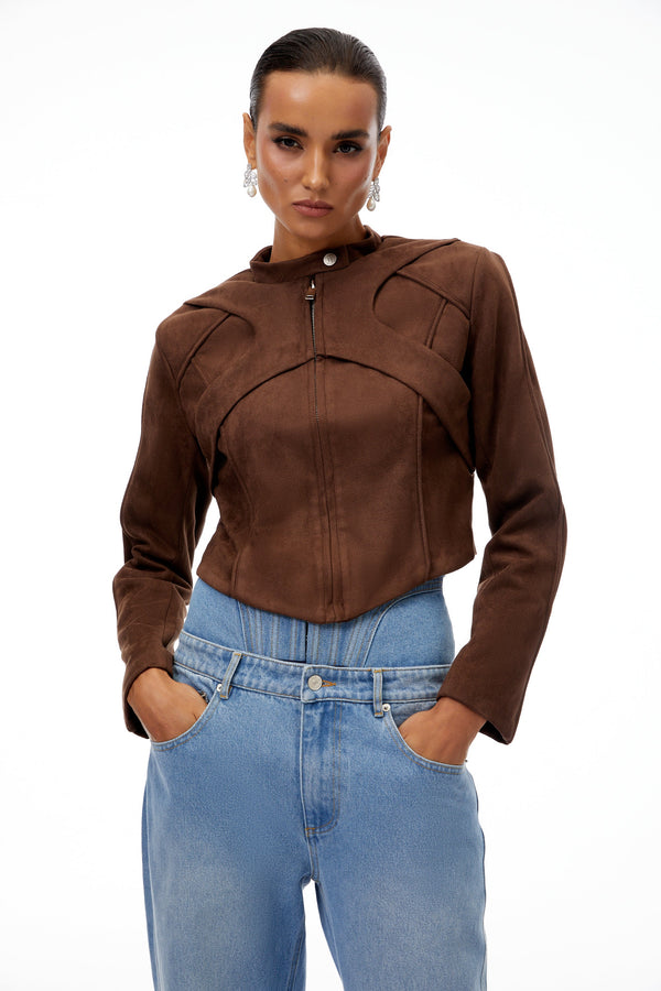 Honorine Brown Suede Crop Biker Jacket